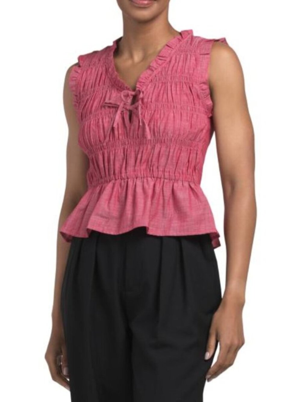 MODERN WORKS Smocked Bow Tie Cap Sleeve Blouse With Ruffle Hem